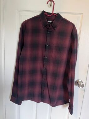 Express Men’s Burgundy and Black Plaid Button-Down Shirt